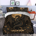 Gothic dragon duvet cover set on a bedroom with moonlit artwork, gold wings, stars, and floral detailing