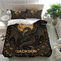 Celestial dragon duvet cover bedding set styled on a bright bedroom with matching dragon pillowcases