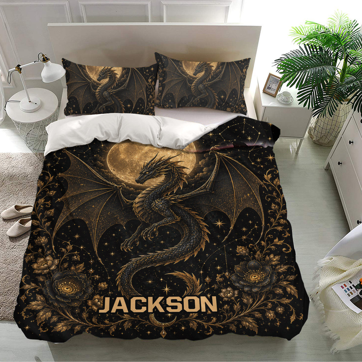 Celestial dragon duvet cover bedding set styled on a bright bedroom with matching dragon pillowcases