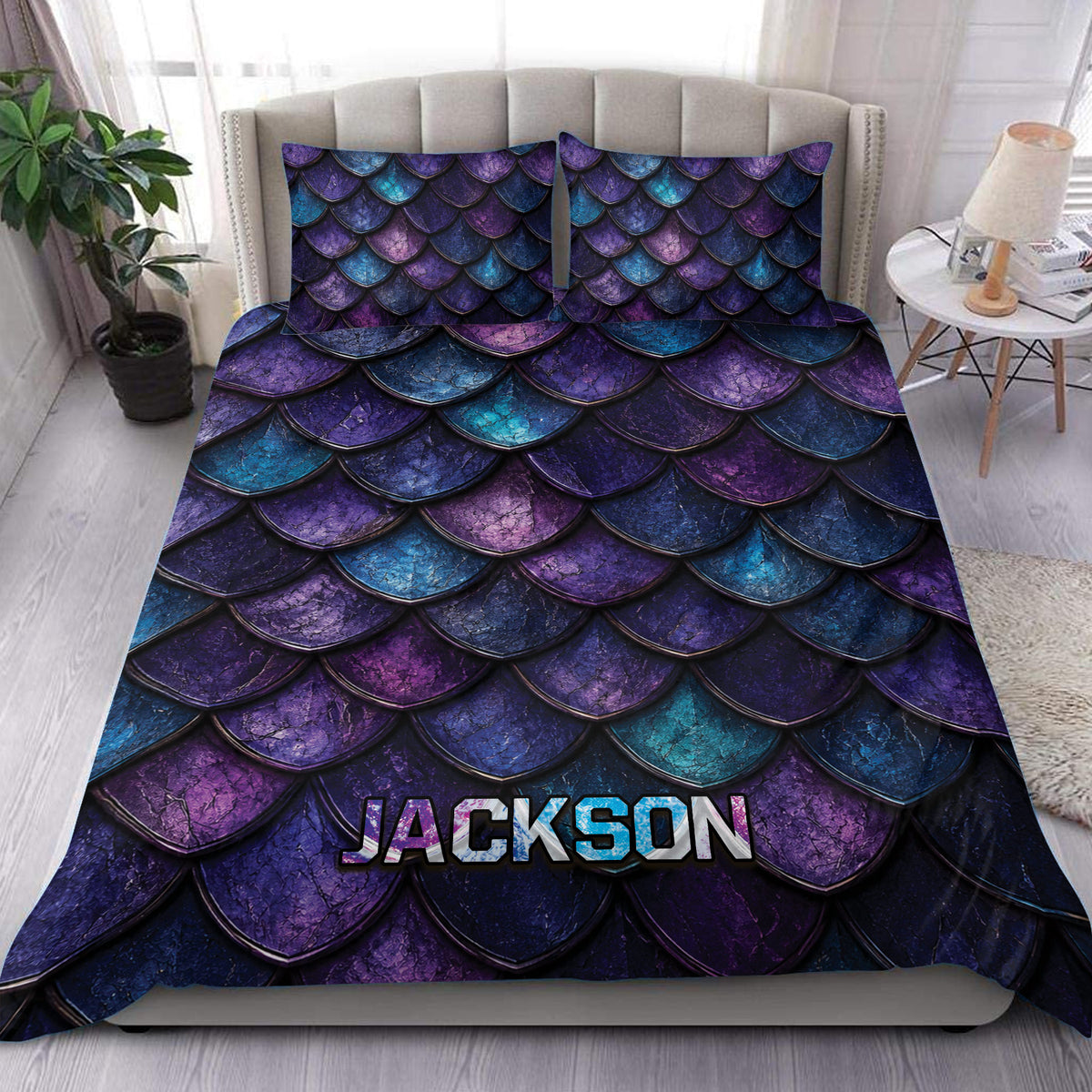 Custom name dragon scale duvet cover bedding set with overlapping purple, indigo, teal and blue fantasy reptile scales, textured metallic-look pattern and two matching pillowcases.