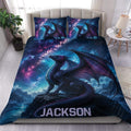 Dragon duvet cover set displayed on a bed with a cosmic galaxy scene in deep blue and purple tones