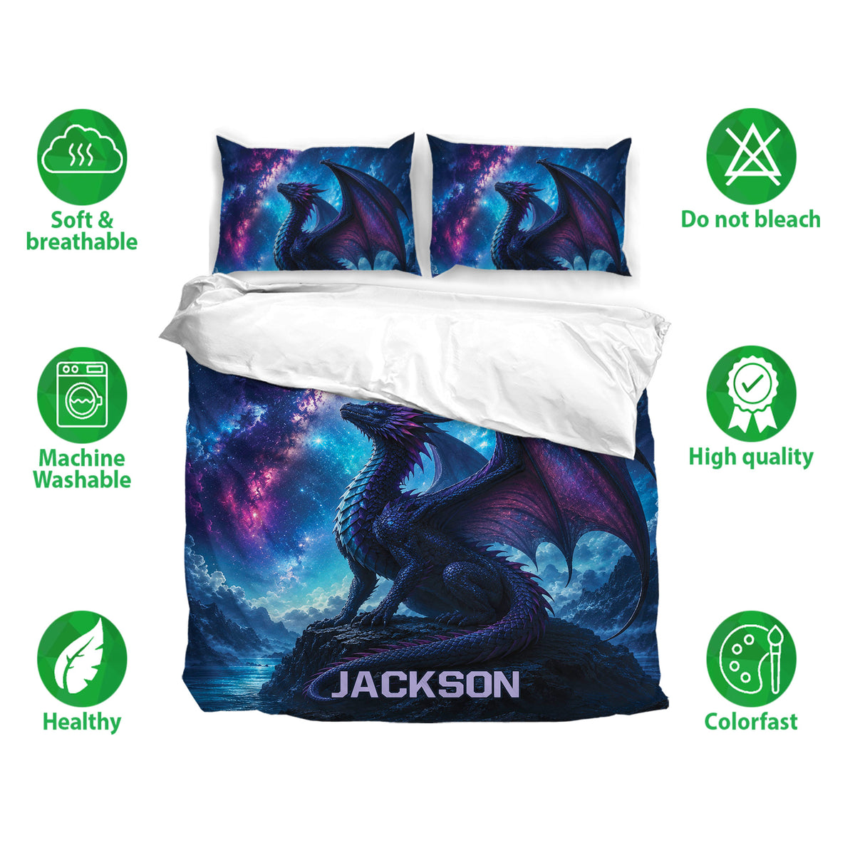 Dragon bedding set shown with matching pillowcases, featuring vivid galaxy artwork and deep blue tones