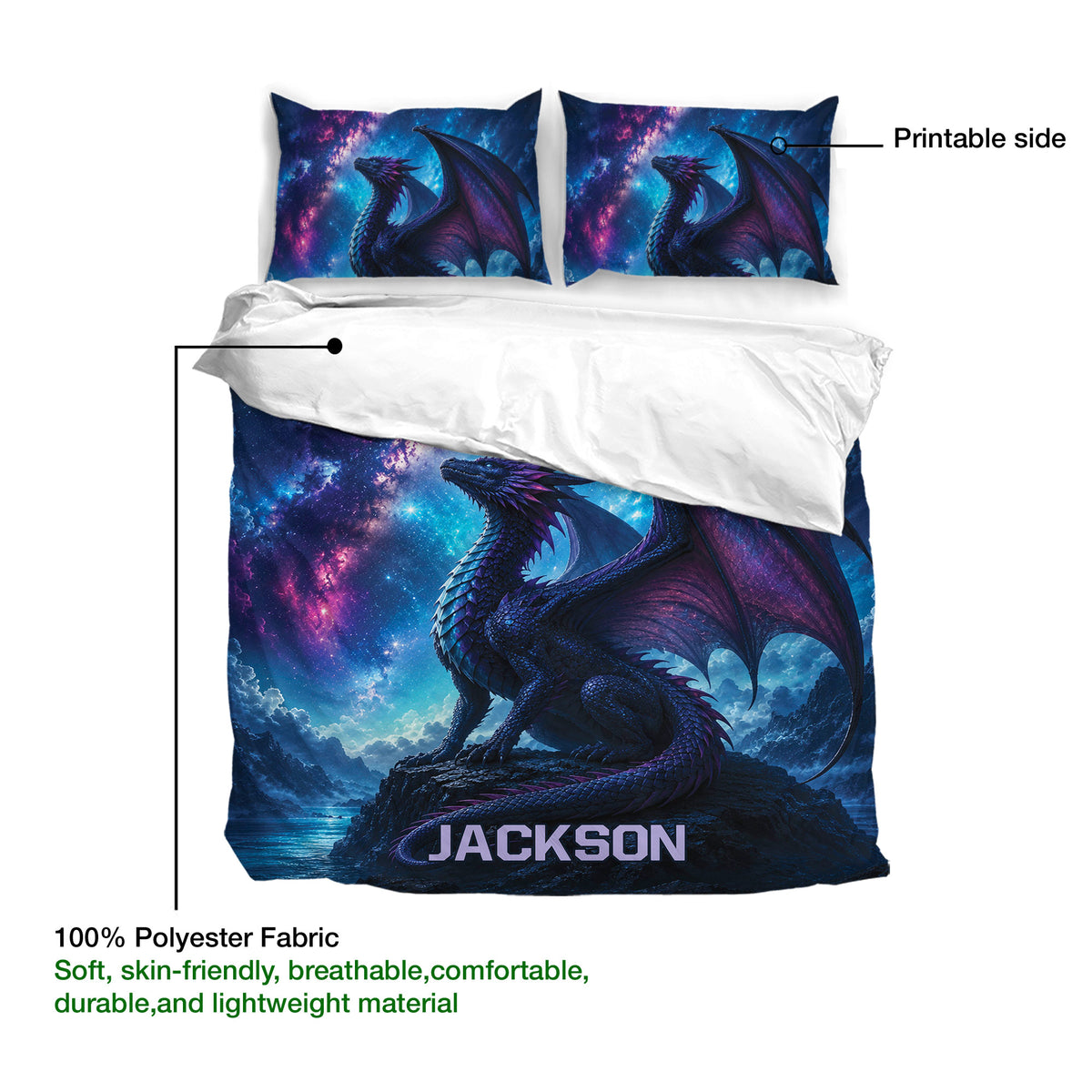 Dragon duvet cover bedding set with cosmic artwork, matching pillowcases, and a clearly marked printable side
