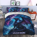 Fantasy dragon duvet cover set styled in a bedroom with galaxy artwork and rich blue and purple colors