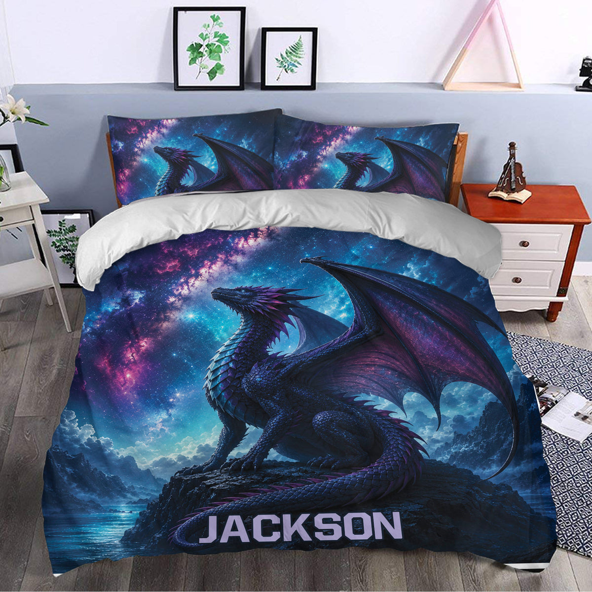 Fantasy dragon duvet cover set styled in a bedroom with galaxy artwork and rich blue and purple colors