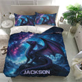 Dragon bedding set presented in a bright bedroom with cosmic galaxy artwork and matching pillowcases