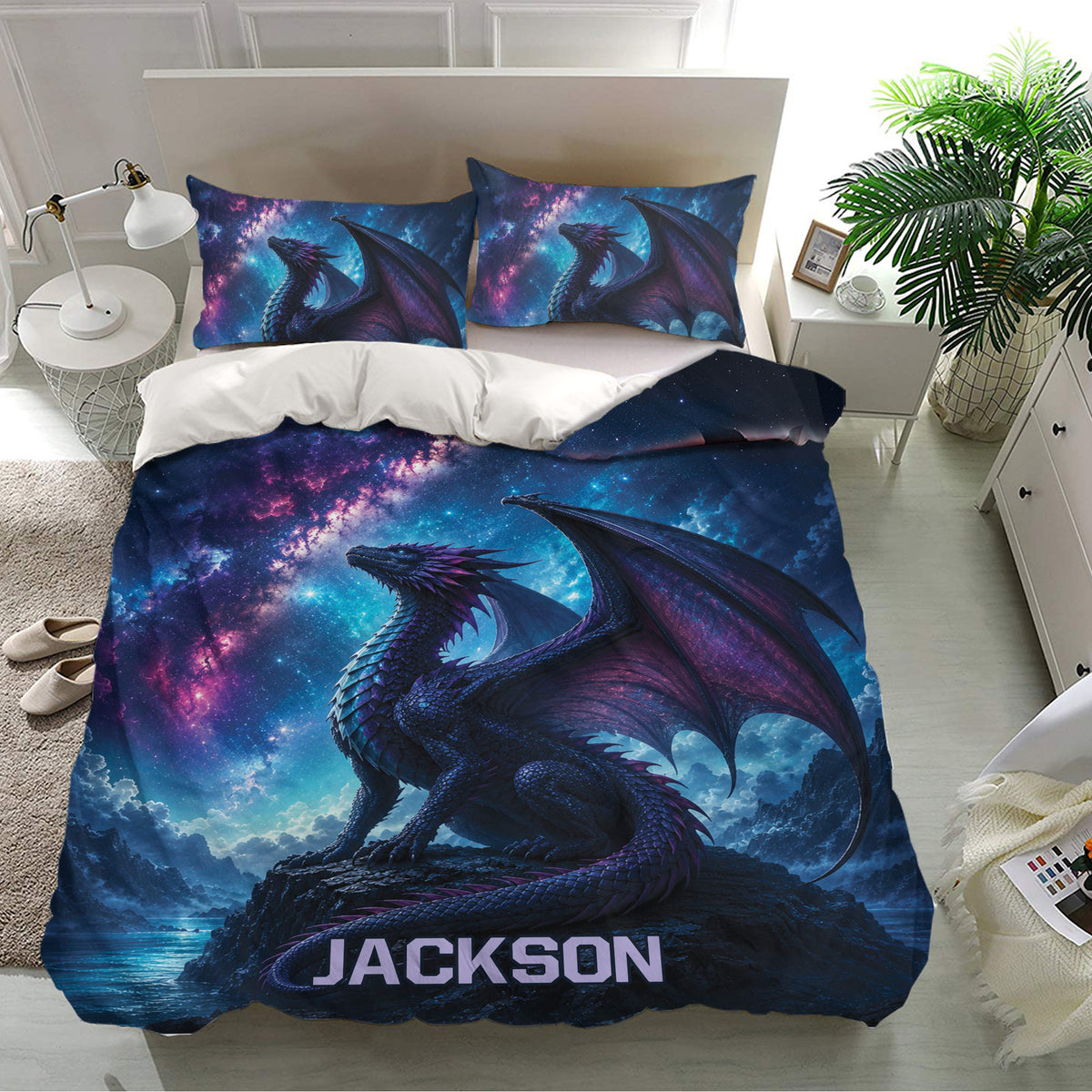 Dragon bedding set presented in a bright bedroom with cosmic galaxy artwork and matching pillowcases