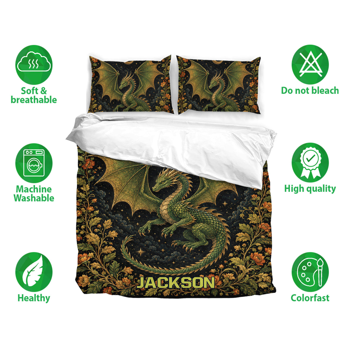 Dragon duvet cover set with matching pillowcases shown alongside soft, breathable, washable, and colorfast icons