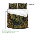 Dragon duvet cover set displayed with matching pillowcases and a detailed green dragon artwork pattern