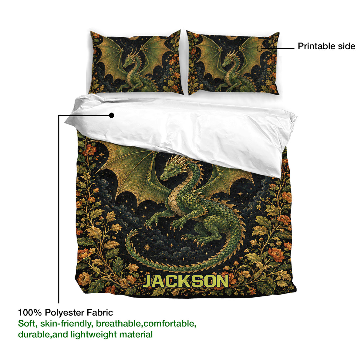 Dragon duvet cover set displayed with matching pillowcases and a detailed green dragon artwork pattern