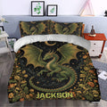 Green dragon duvet cover set styled in a bedroom with moonlit artwork, stars, and botanical accents