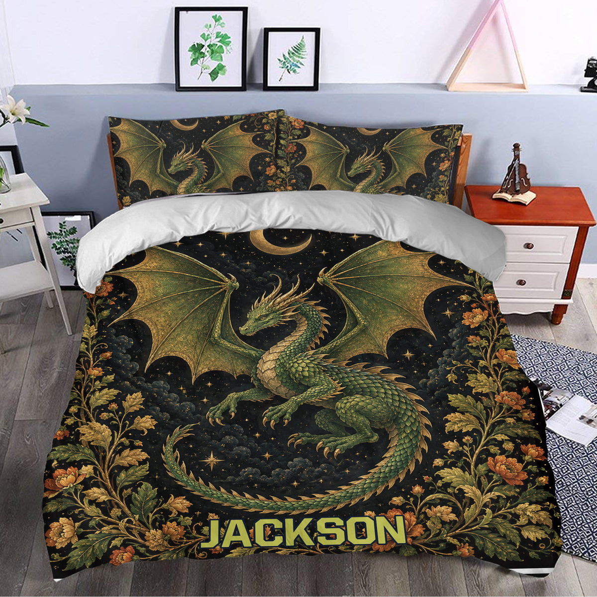 Green dragon duvet cover set styled in a bedroom with moonlit artwork, stars, and botanical accents