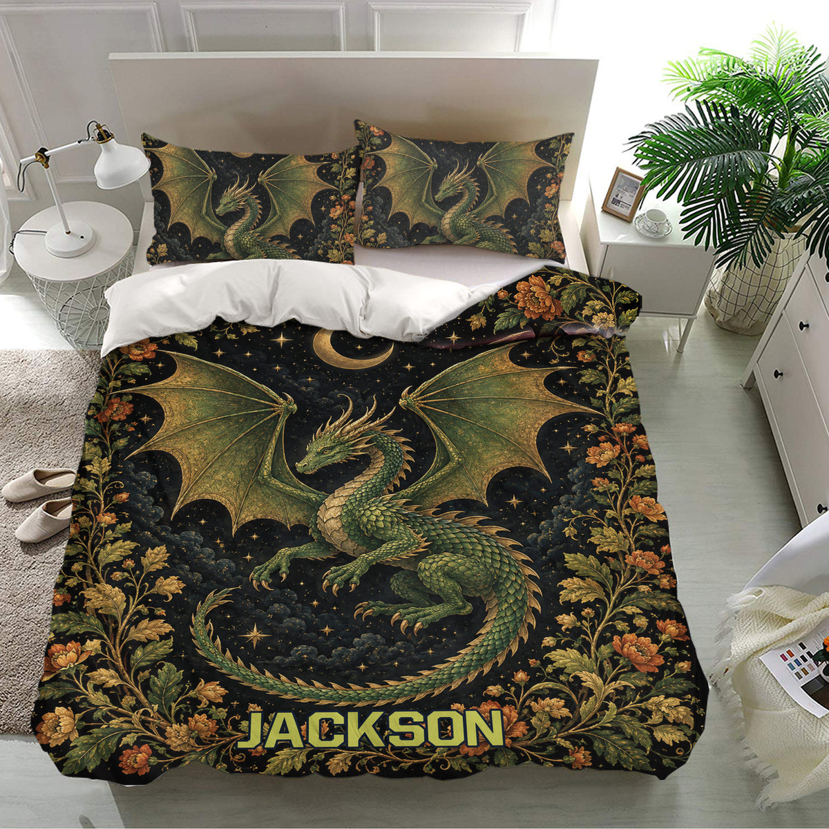 Fantasy dragon duvet cover set presented in a bright bedroom with matching dragon pillowcases