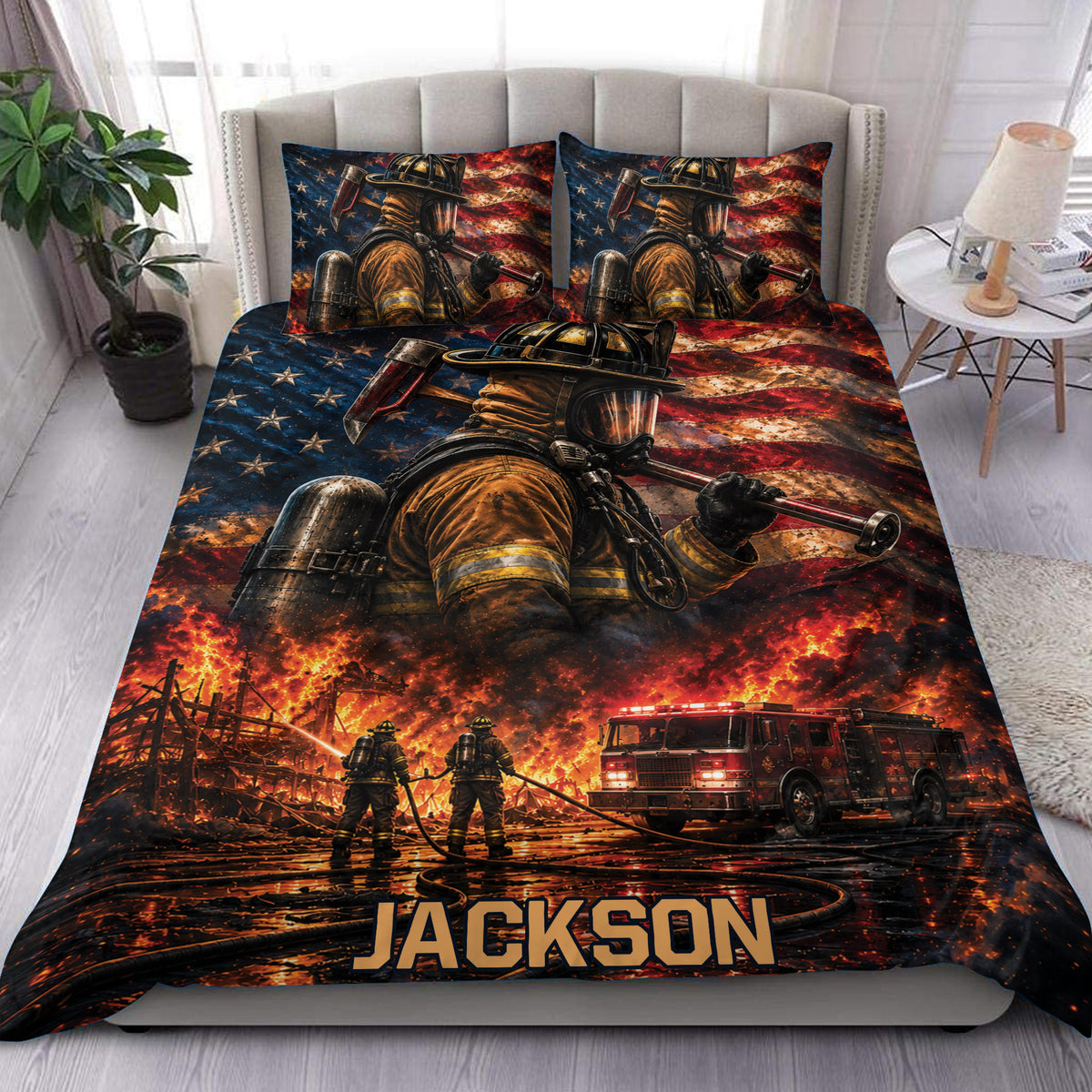 Firefighter duvet cover set displayed on a bed with dramatic flames, fire truck, American flag, and bold artwork
