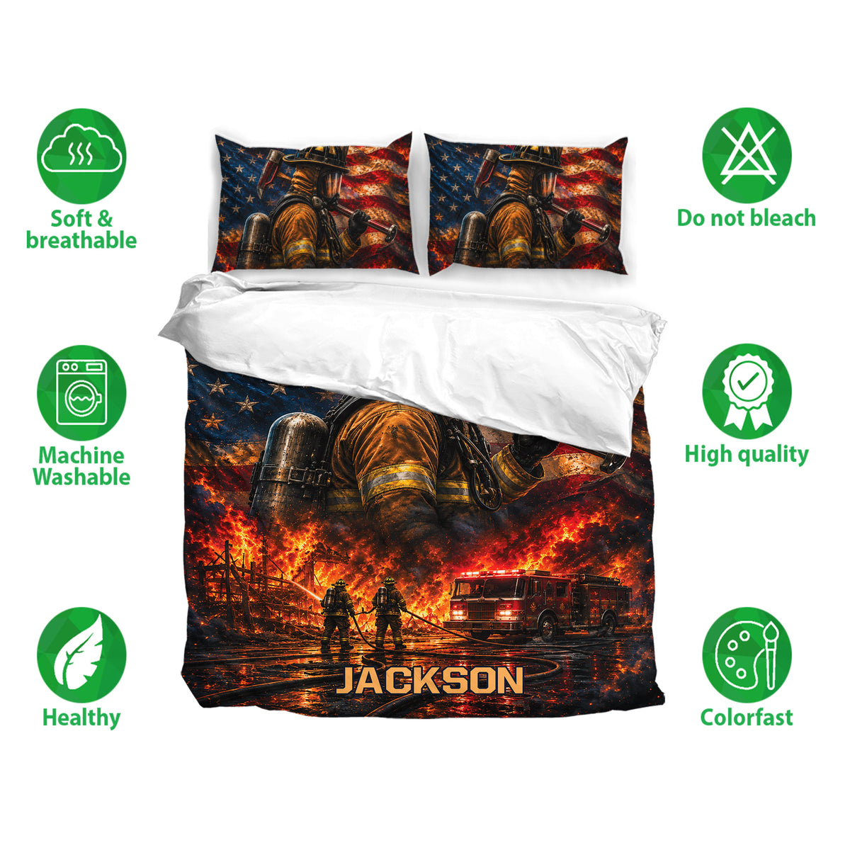 Firefighter bedding set with matching pillowcases, bold emergency scene artwork, and soft breathable fabric callouts