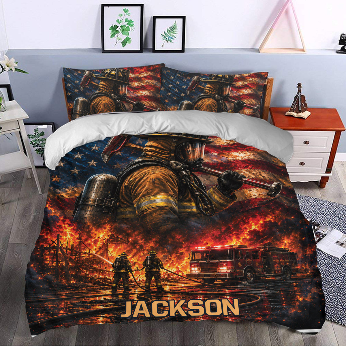 Firefighter duvet cover styled in a bedroom with matching pillows, fiery rescue scene, and bold patriotic colors