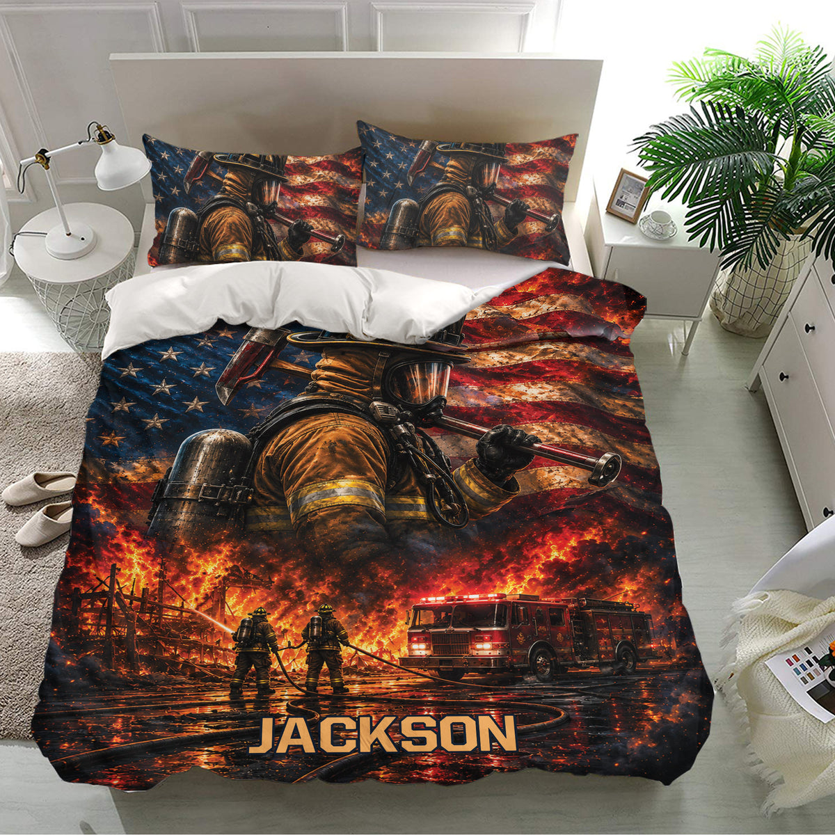 Firefighter bedroom decor featuring a vivid duvet cover set with firefighters, fire truck, flames, and matching pillows