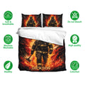 Firefighter duvet cover set shown with matching pillowcases and visible soft, breathable, washable, and colorfast icons