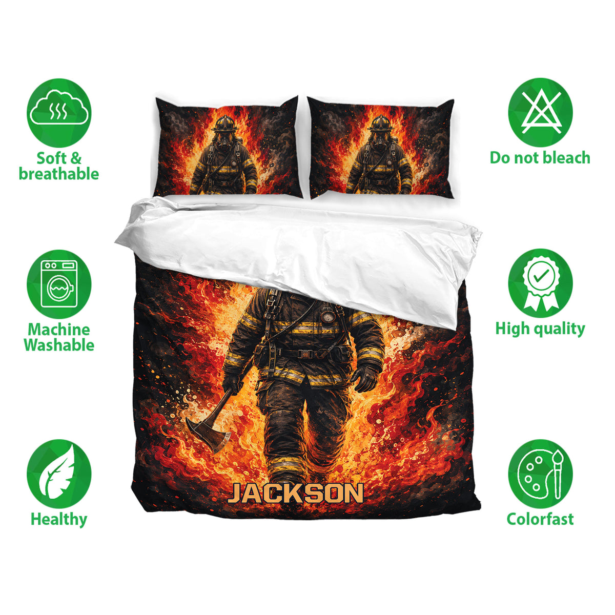 Firefighter duvet cover set shown with matching pillowcases and visible soft, breathable, washable, and colorfast icons