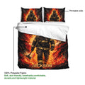 Firefighter bedding set featuring a flame-filled artwork design, matching pillowcases, and a 100% polyester fabric callout