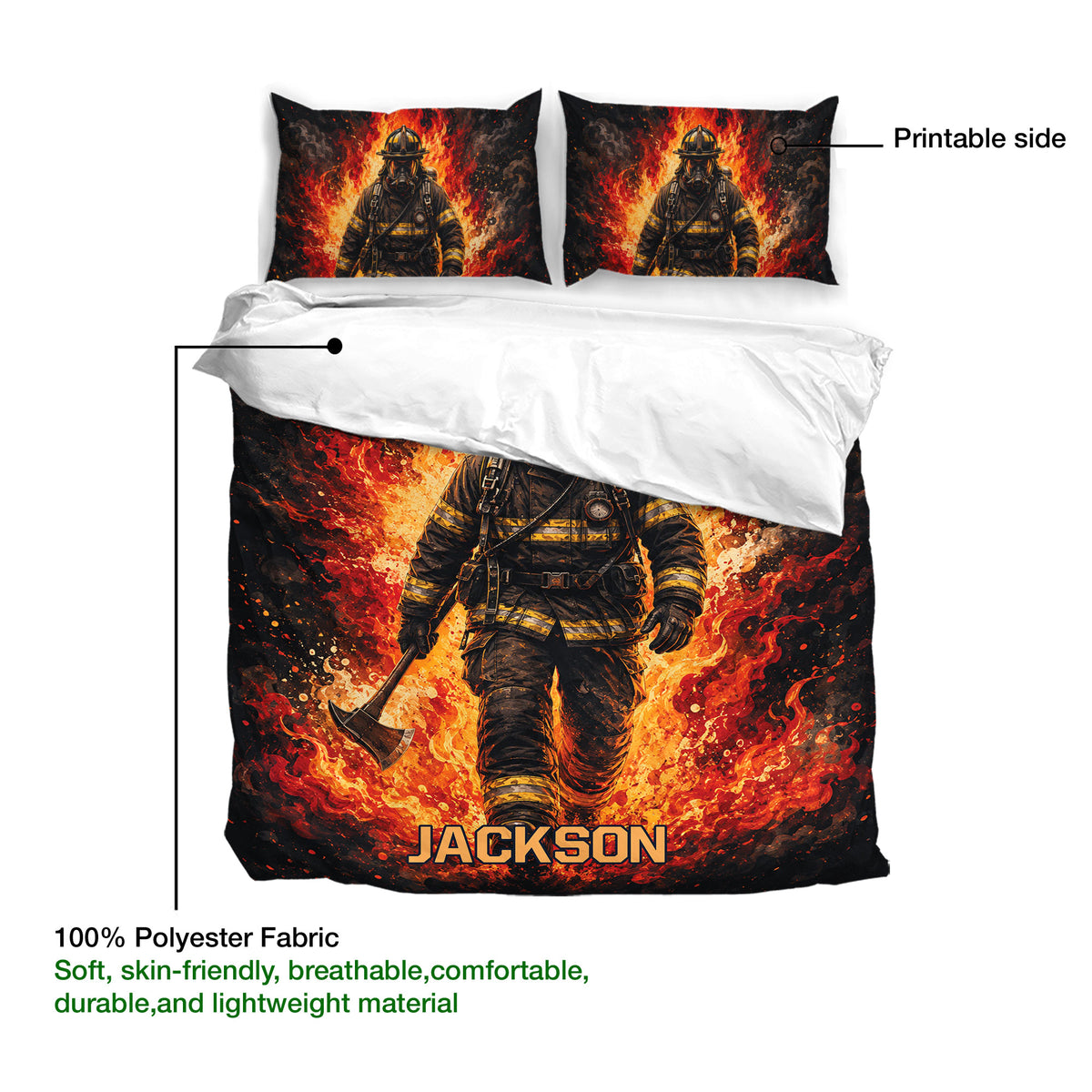 Firefighter bedding set featuring a flame-filled artwork design, matching pillowcases, and a 100% polyester fabric callout