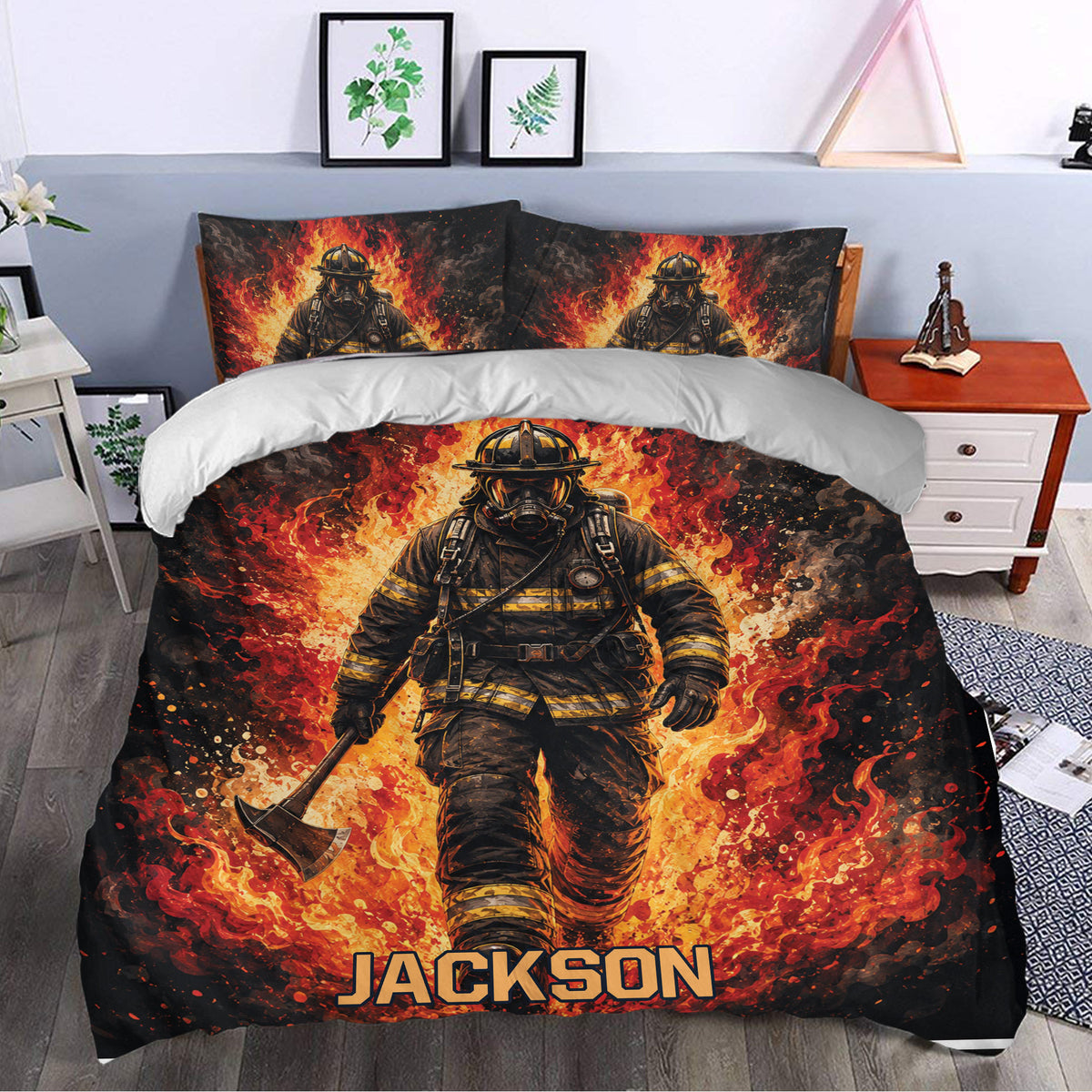 Firefighter duvet cover bedding set styled in a bedroom with a central firefighter surrounded by vivid flames