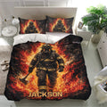 Firefighter duvet cover and matching pillowcases presented in a bright bedroom with bold fire service artwork