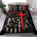 Firefighter duvet cover set displayed on a bed with smoky artwork, red stripe accents, stars, and two pillows