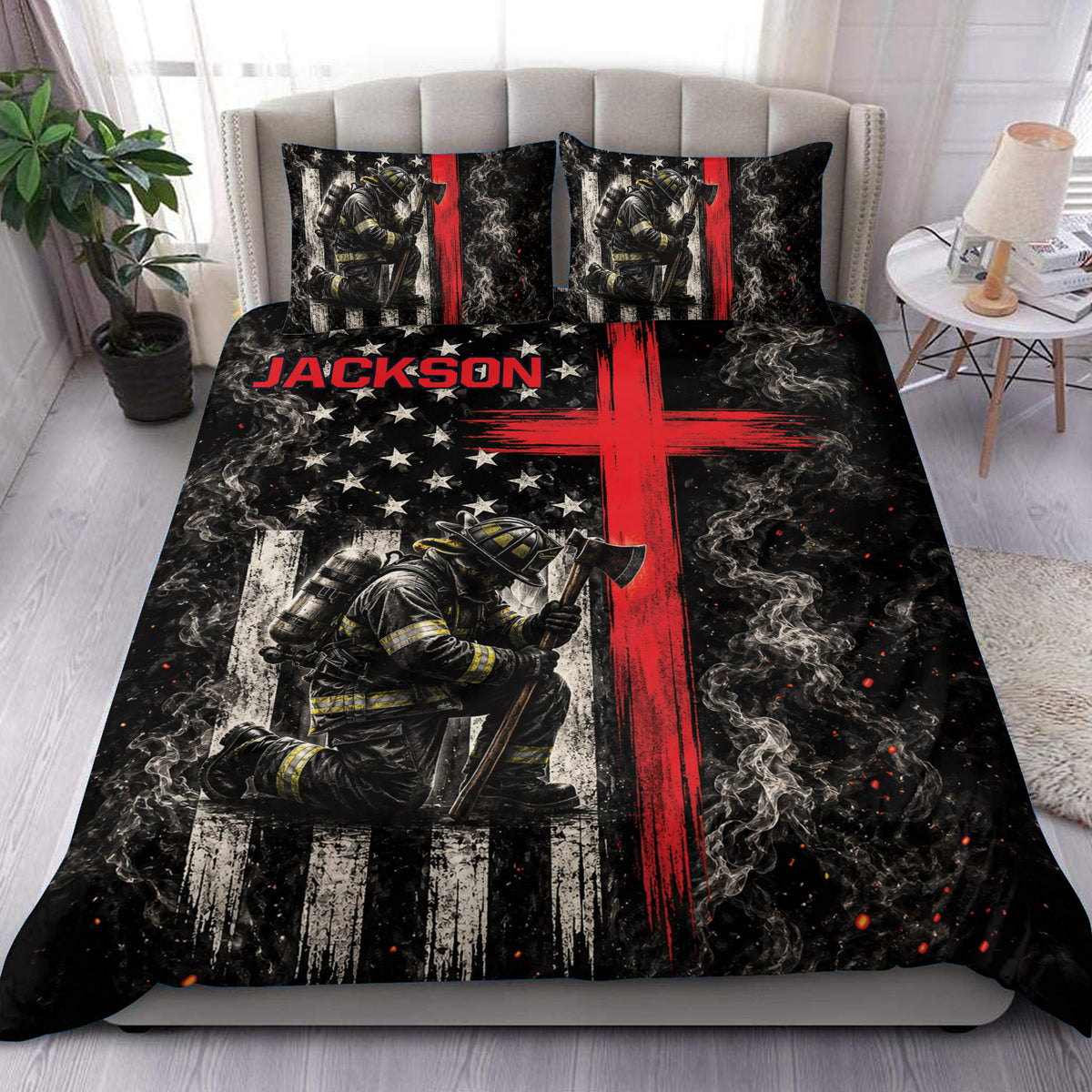 Firefighter duvet cover set displayed on a bed with smoky artwork, red stripe accents, stars, and two pillows