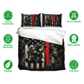 Firefighter bedding set featuring a smoky black and red design with firefighter artwork and matching pillows