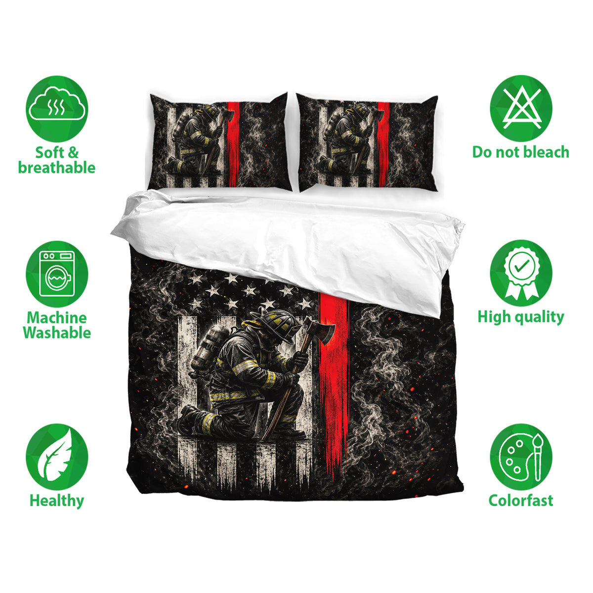 Firefighter bedding set featuring a smoky black and red design with firefighter artwork and matching pillows