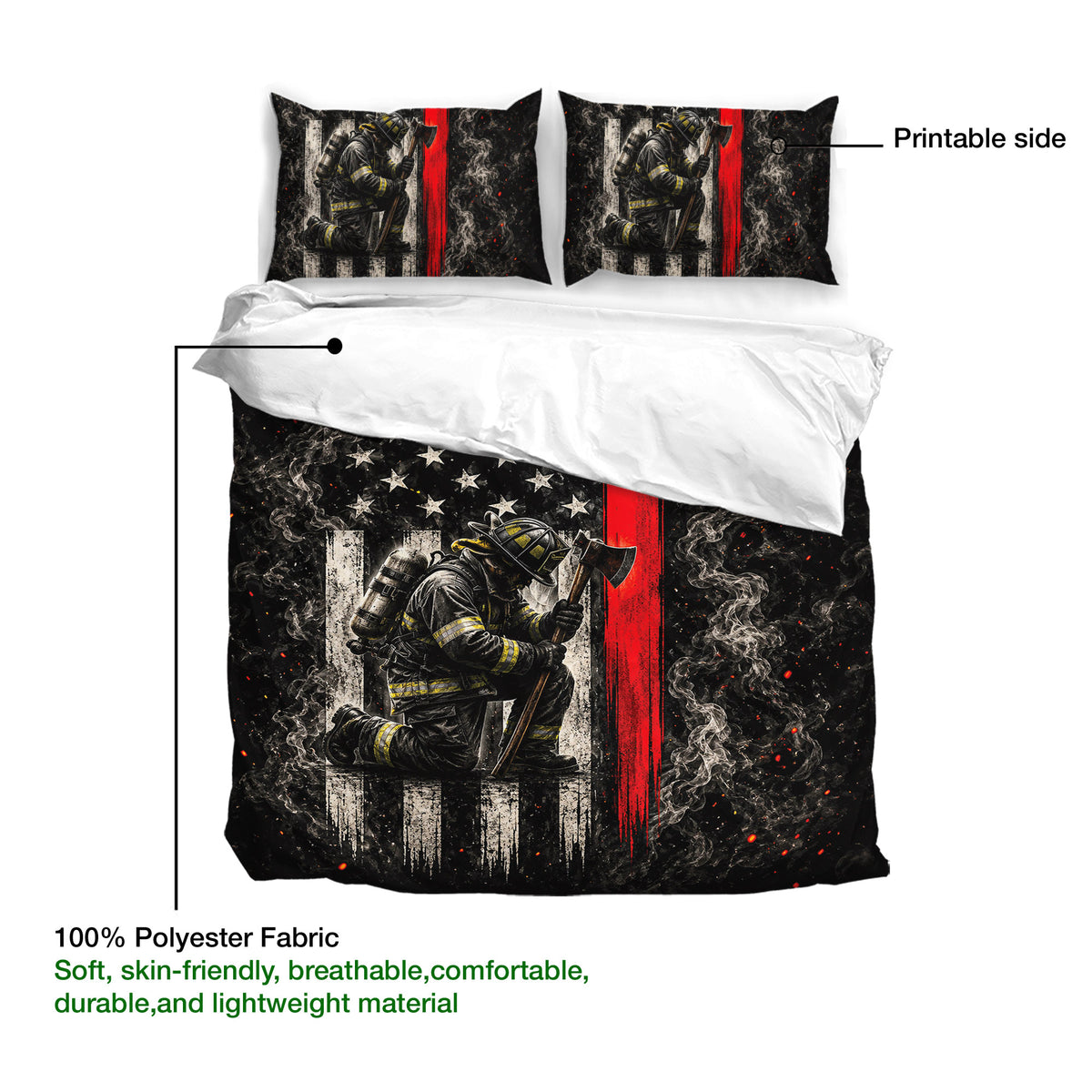 Firefighter duvet cover bedding set shown with a printable design and soft polyester fabric detail