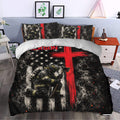 Firefighter duvet cover styled in a bedroom with bold black, red, white, smoke, and star artwork