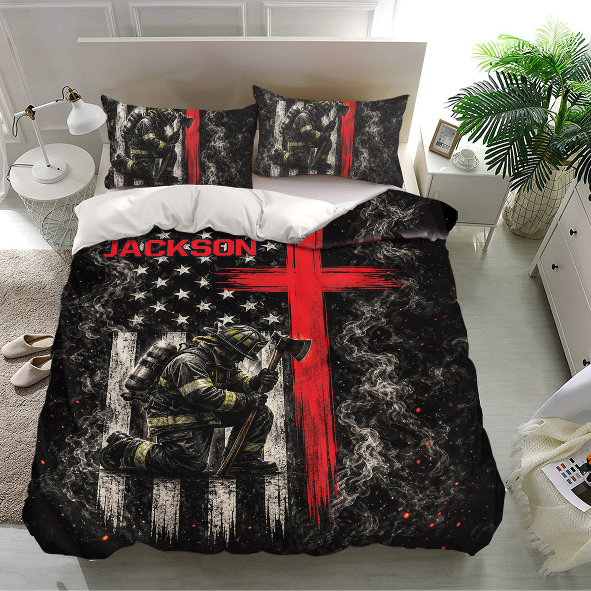 Firefighter bedding set displayed in a bright bedroom with matching pillows and dramatic smoky artwork