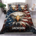 Eagle duvet cover set displayed on a bed with bold red, white, and blue patriotic artwork