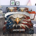 Patriotic eagle duvet cover styled in a bedroom with matching pillowcases and dramatic artwork