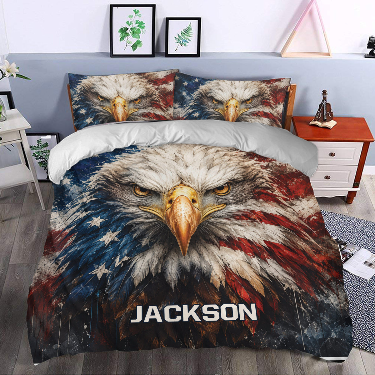 Patriotic eagle duvet cover styled in a bedroom with matching pillowcases and dramatic artwork