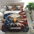 Eagle bedding set presented in a bright bedroom with red, white, and blue patriotic design