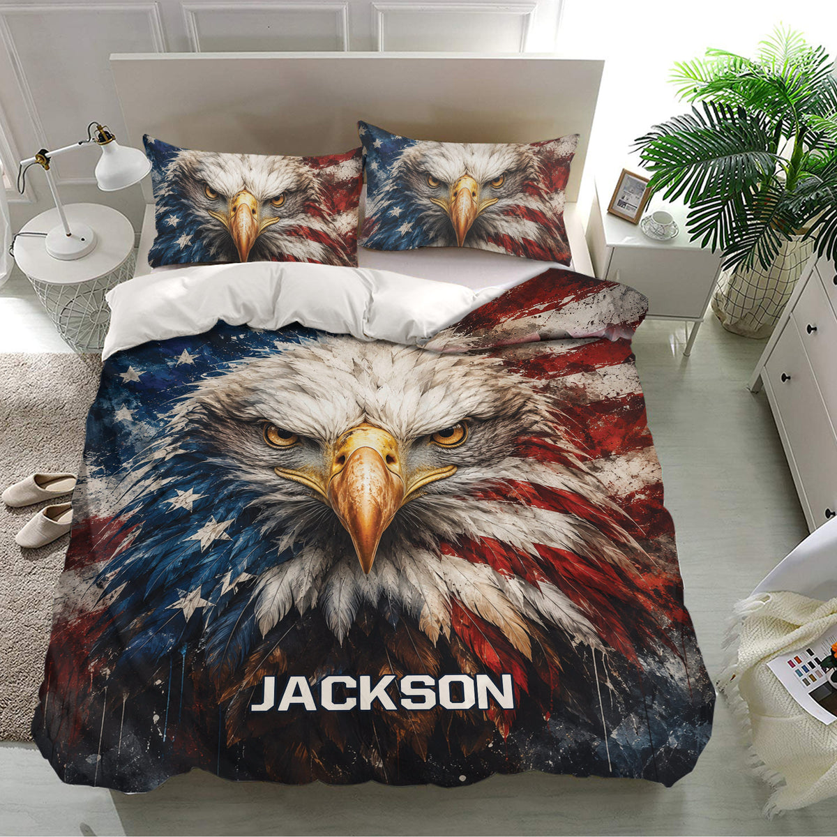Eagle bedding set presented in a bright bedroom with red, white, and blue patriotic design