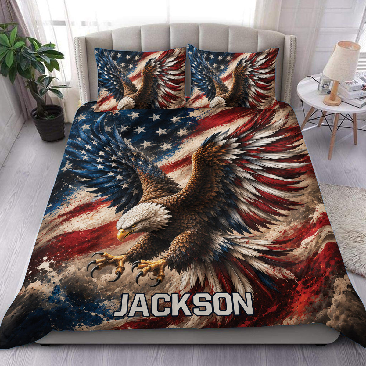 Eagle duvet cover set displayed on a bedroom bed with patriotic red, white, blue, and star artwork
