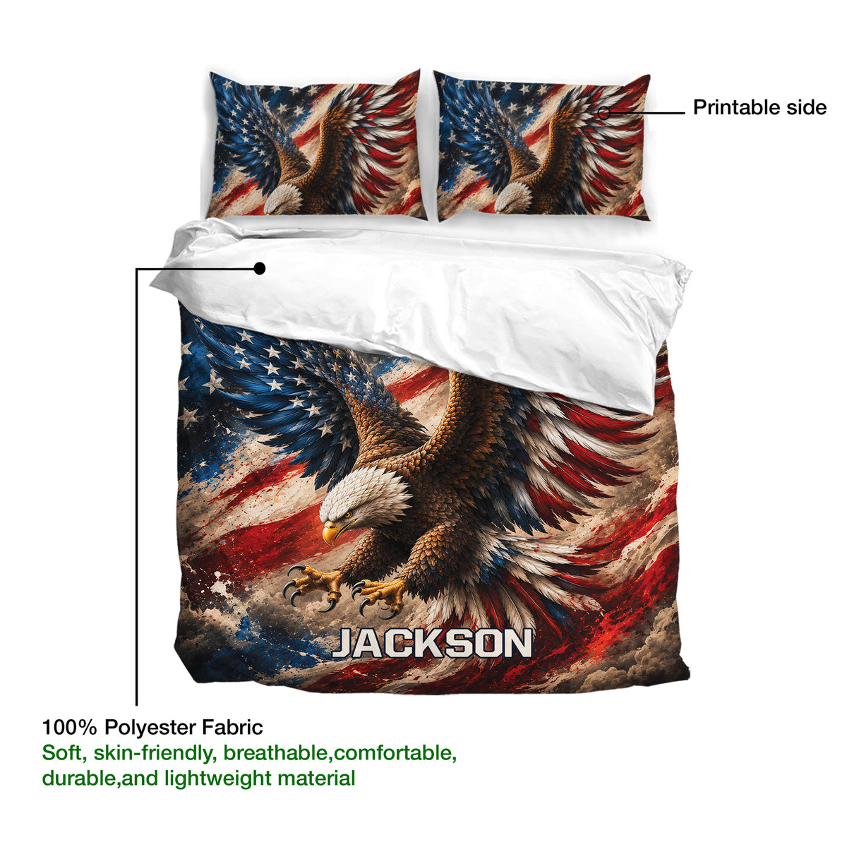 Eagle duvet cover set detail showing printable artwork and lightweight polyester fabric