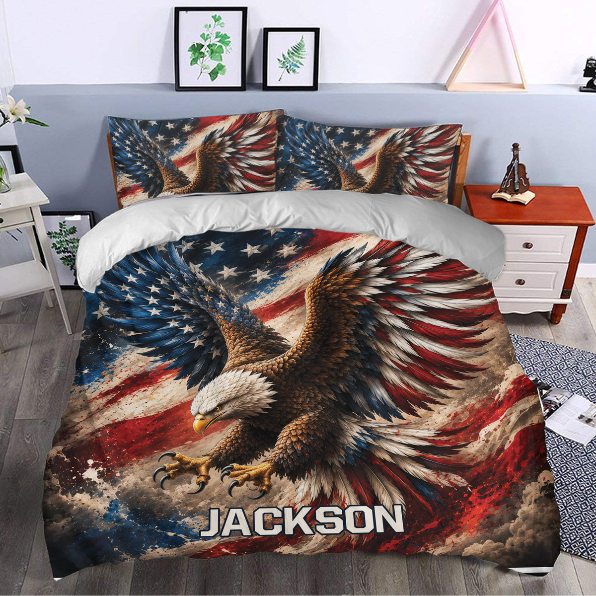 Patriotic eagle duvet cover set styled in a modern bedroom with matching pillowcases