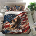 Eagle bedding set presented in a bright bedroom with dramatic red, white, and blue artwork