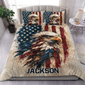 Eagle duvet cover set displayed on a bed with patriotic stars and red, white, and blue artwork