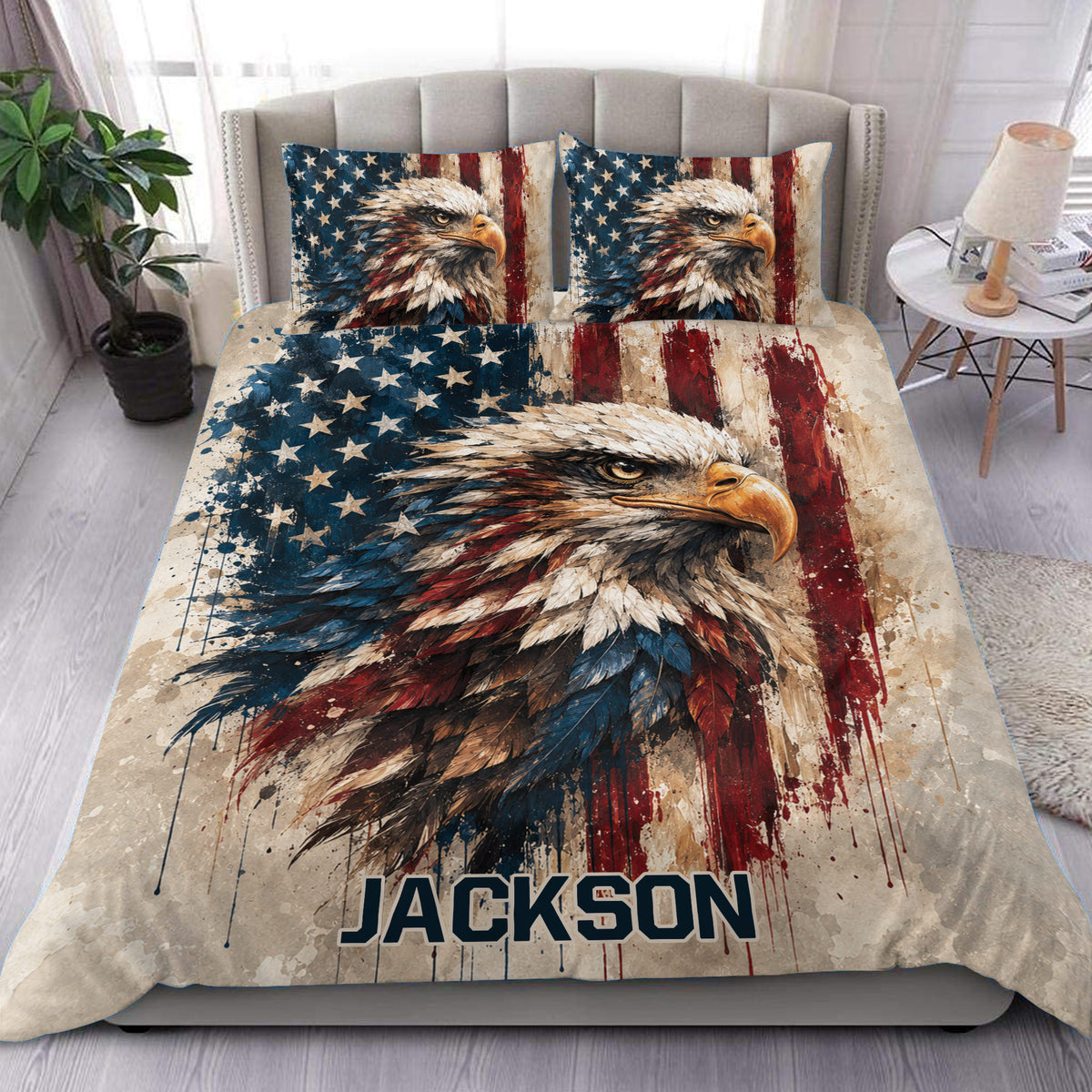 Eagle duvet cover set displayed on a bed with patriotic stars and red, white, and blue artwork