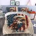 Patriotic eagle duvet cover bedding set styled in a modern bedroom with matching pillowcases