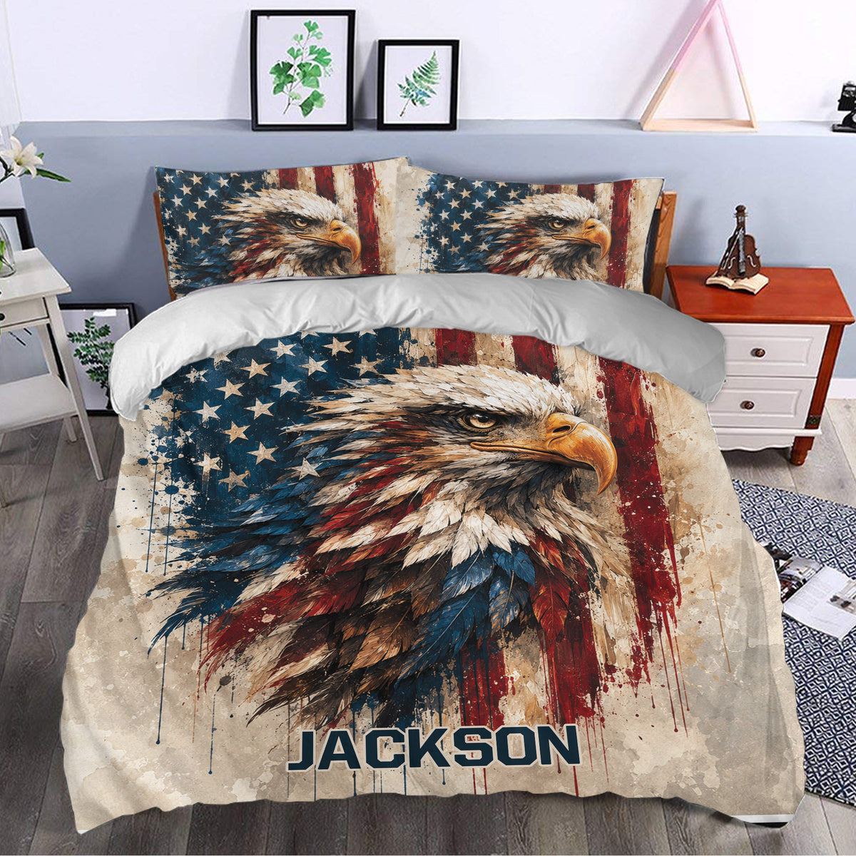 Patriotic eagle duvet cover bedding set styled in a modern bedroom with matching pillowcases