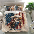 Eagle bedding set displayed in a bright bedroom with American-inspired stars and stripes artwork