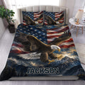 Eagle duvet cover bedding set with American flag pattern, mountain scenery, and bedroom presentation
