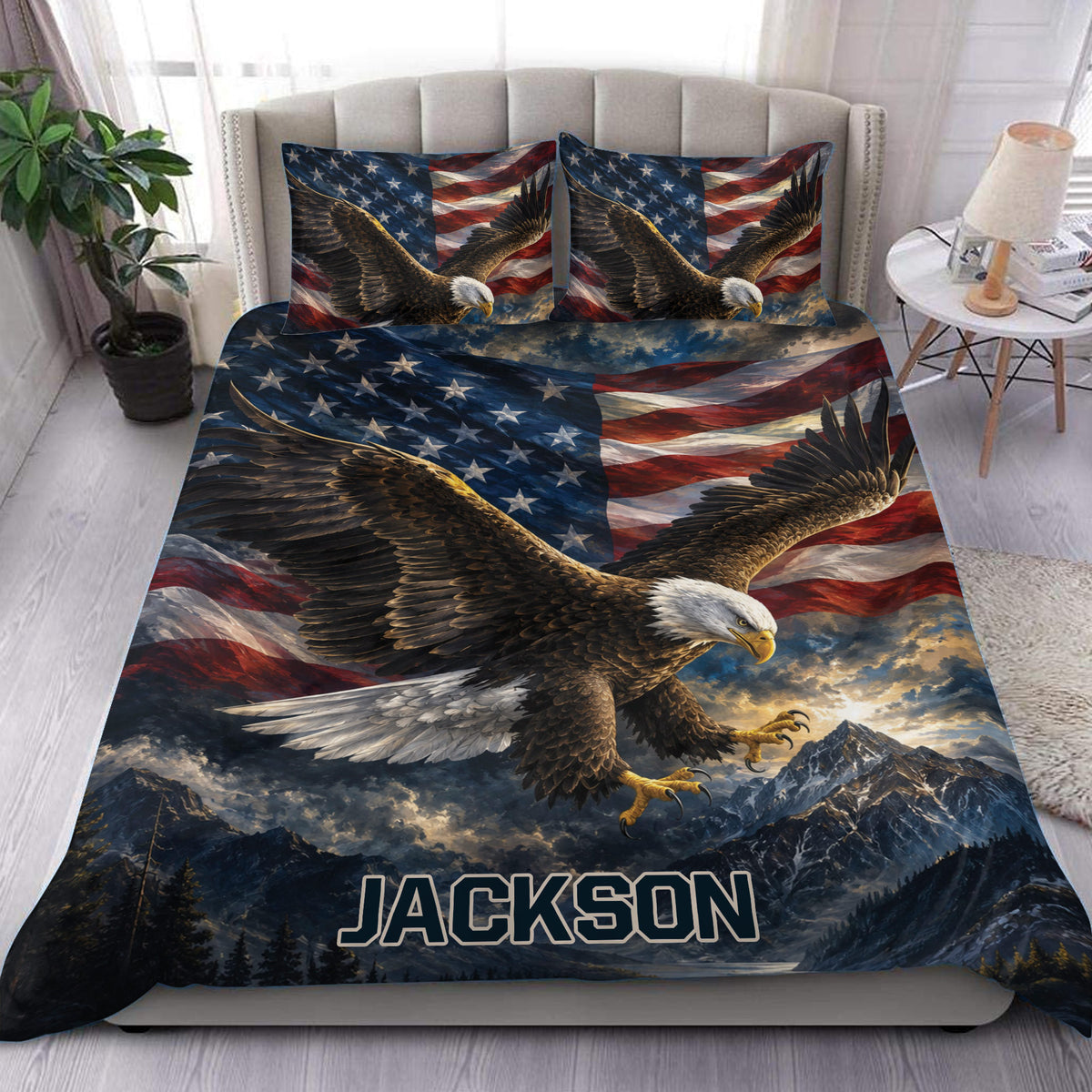 Eagle duvet cover bedding set with American flag pattern, mountain scenery, and bedroom presentation